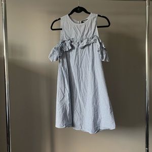 Blue and white stripe dress with ruffle sleeve